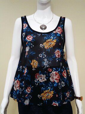 Mudd Floral Tank Top Junior M Black Sheer Chiffon High Low Sleeveless Blouse